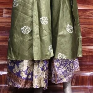 Silk Sari Wrap Skirt Olive Bronze Amethyst Tie-dye